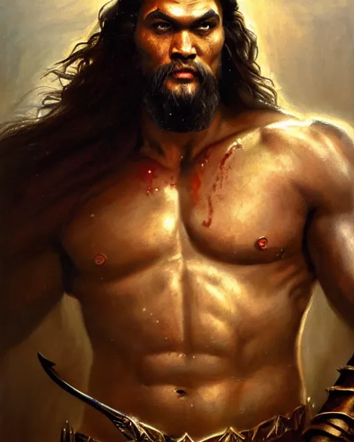 Image similar to beautiful portrait oil painting, jason momoa conan the barbarian standing in a dungeon wearing a crown and royal crimson spartan armor enthroned as the god emperor of ancient rome, action pose, frank frazetta, boris vallejo, greg rutkowski, beautiful cinematic light, american romanticism, by thomas lawrence, greg rutkowski