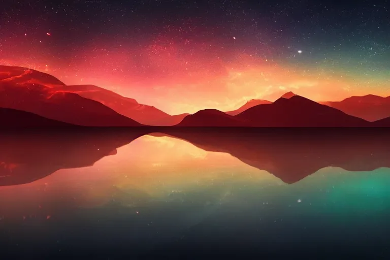 Image similar to Sci-Fi dark high contrast nighttime colorful wallpaper of a beautiful matte landscape painting, 4k, high detail, no noise, low light