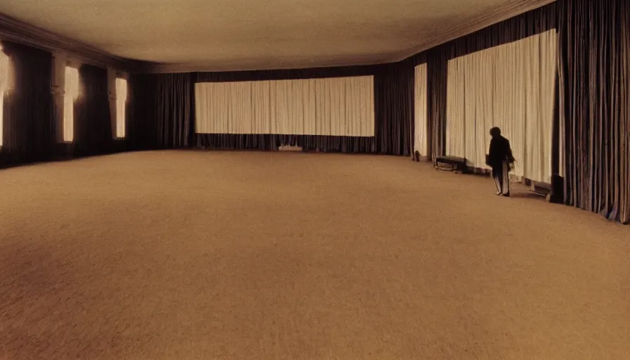 Prompt: 70s movie still of a man with elongated arms in an empty soviet ballroom, eastmancolor, heavy grain, high quality, higly detailed, liminal space