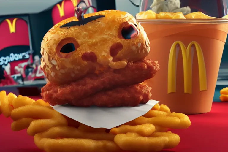 Image similar to cgsociety contest winner, 3 d product render of the hot new spider mcnugget from mcdonalds, ad for delicious spider nugget