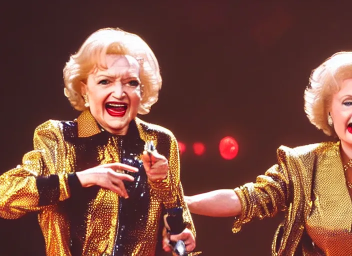 Image similar to publicity photo still of betty white as a gangsta rapper covered in gold chains, with grills in teeth and wearing a jumpsuit live on stage, 8 k, live concert lighting, mid shot