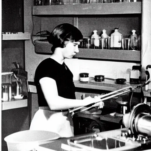 Prompt: delia derbyshire and daphne oram are doing kitchen chores, 8 k, art in the style of socialist realism