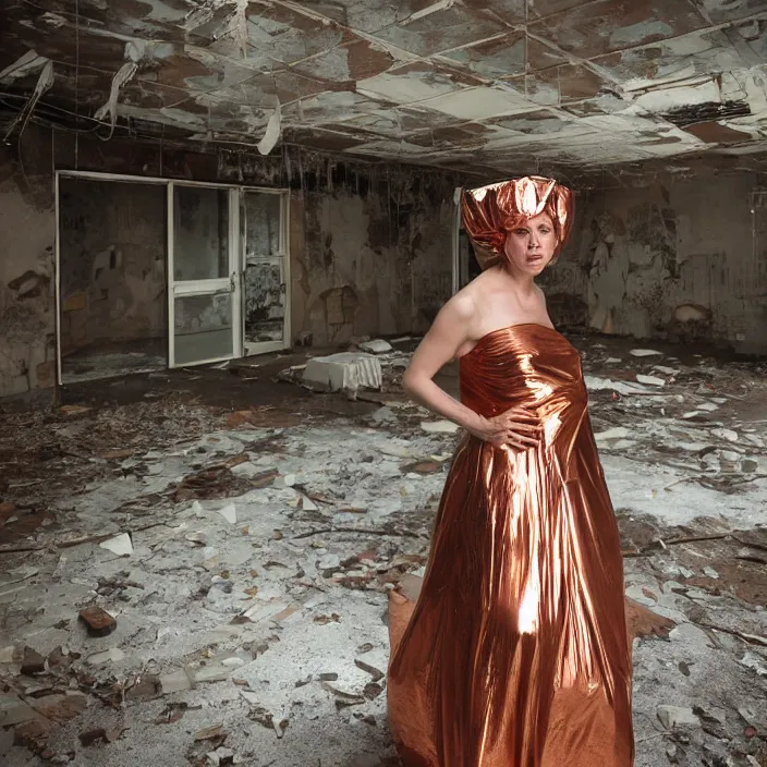 Prompt: closeup portrait of a woman wrapped in copper cellophane, standing in a derelict building interior, color photograph, by gregory crewdson, canon eos c 3 0 0, ƒ 1. 8, 3 5 mm, 8 k, medium - format print