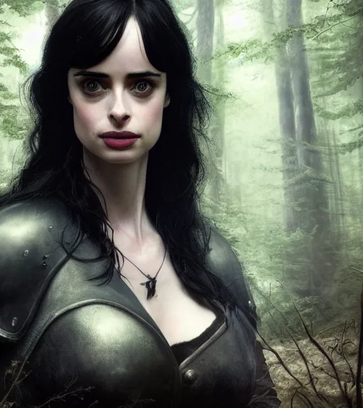 Image similar to 5 5 mm close up portrait photo of krysten ritter as yennefer of vengerberg in black leather armor and black hair, in a forest. magical atmosphere. art by greg rutkowski. lifelike. very detailed 8 k. intricate. soft light. nikon d 8 5 0.