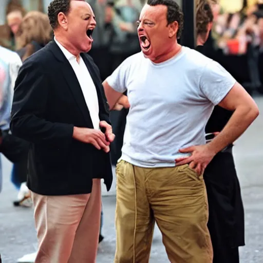 Prompt: a man shouting at tom hanks