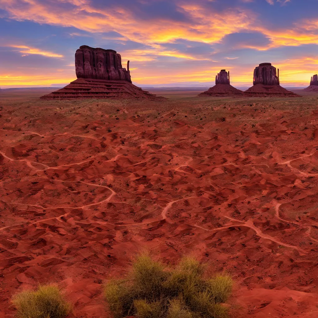 Prompt: photo of monument valley as the sun is setting, deep focus, highly detailled, 8 k uhd, award - winning photography, summer look