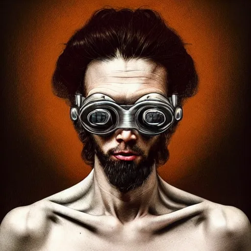 Prompt: Colour Caravaggio and Leonardo da Vinci style full body portrait Photography of Highly detailed Man with 1000 years old perfect face wearing highly detailed retrofuturistic VR headset designed by Josan Gonzalez. Many details In style of Josan Gonzalez and Mike Winkelmann and andgreg rutkowski and alphonse muchaand and Caspar David Friedrich and Stephen Hickman and James Gurney and Hiromasa Ogura. Rendered in Blender and Octane Render volumetric natural light