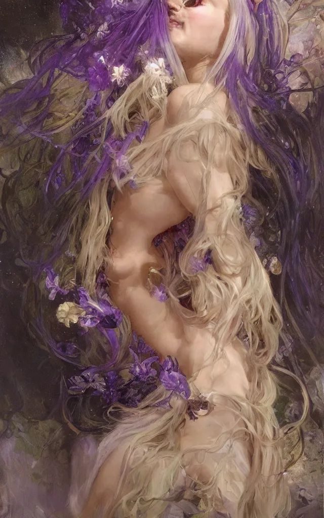 Prompt: hyperrealist portrait of a night fairy with white hair and purple eyes, wearing a long robes that fall like stars, by jeremy mann and alphonse mucha, fantasy art, photo realistic, dynamic lighting, artstation, poster, volumetric lighting, very detailed faces, 8 k, award winning