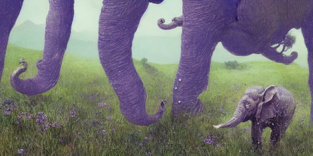 Image similar to purple elephant running in meadow, close up, raining, mountain behind meadow, menacing, illustration, detailed, smooth, soft, cold, by Adolf Lachman, Shaun Tan, Surrealism