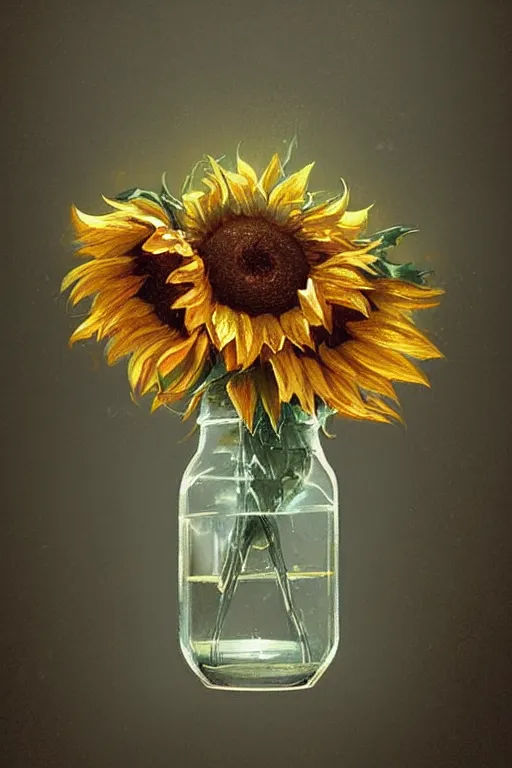 Prompt: beautiful digital botanical illustration sunflowers in a mason jar, by greg rutkowski artstation