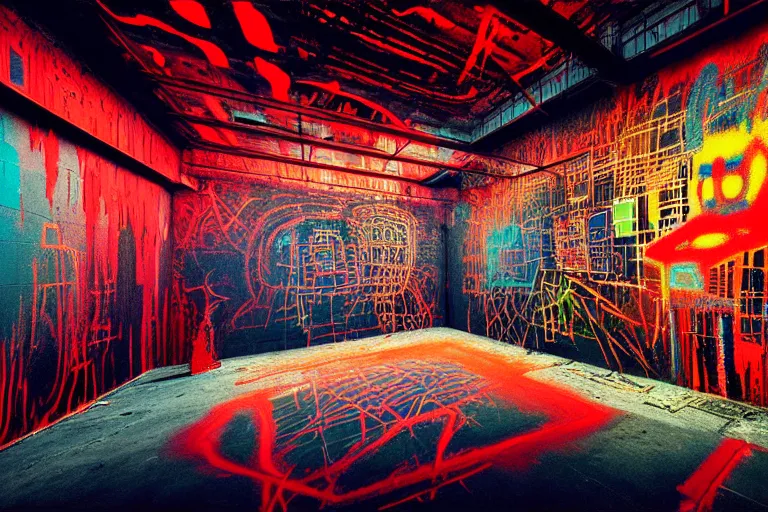 Prompt: the inside of a symmetrical hellish dungeon, multilayer glitch effect in spatial perceptron synapses, matte painting, 4 k, epic composition, volumetric light, abstract illusionism, by william stout, jean - michel basquiat, pour paint, modern street art, grunge wall, industrial