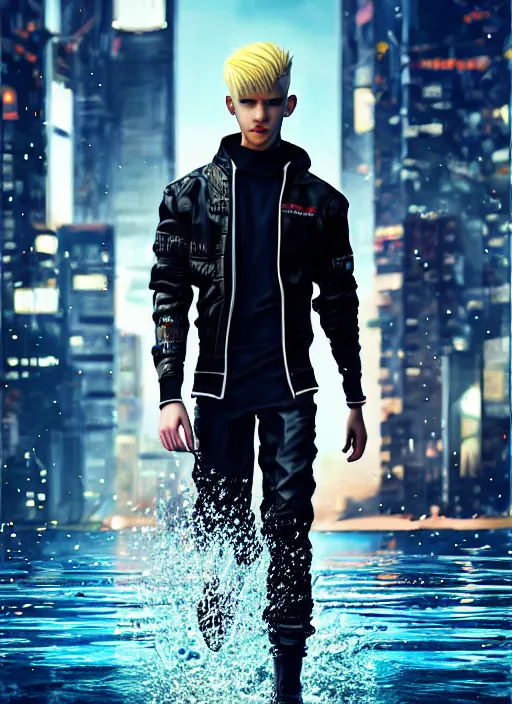 Image similar to photo of cyberpunk blonde male teenager walking on water in the style of stefan kostic, realistic, sharp focus, 8 k high definition, insanely detailed, intricate, elegant, art by stanley lau and artgerm