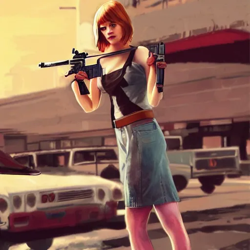 Image similar to emma stone in gta v holding an ak - 4 7, cover art by stephen bliss, artstation, no text