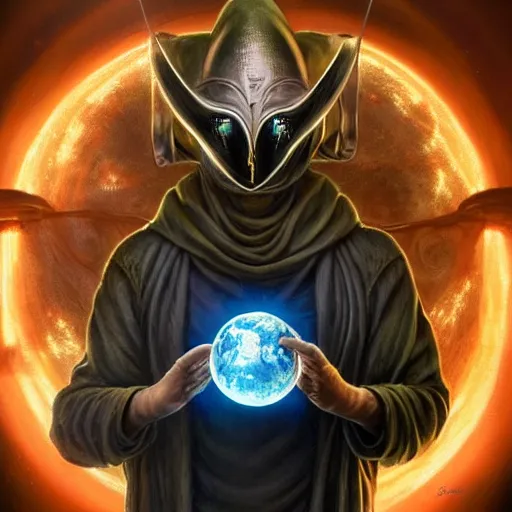 Image similar to masked nomad male wearing a cloak on an alien world and holding a holographic planet projection in his hand, detailed, sci - fi, digital painting, artstation, sharp focus, illustration, ominous, artgerm, tomasz alen kopera, peter mohrbacher, donato giancola, joseph christian leyendecker, wlop, frank frazetta