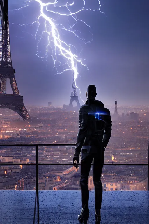 Image similar to in the foreground Paris, in the background a dark-haired man from behind playing with lightning coming out of his hands wearing a long matrix-style jacket, realistic, high definition, many details, dramatic scene, symmetrical face, realistic eyes, cyberpunk art 2077