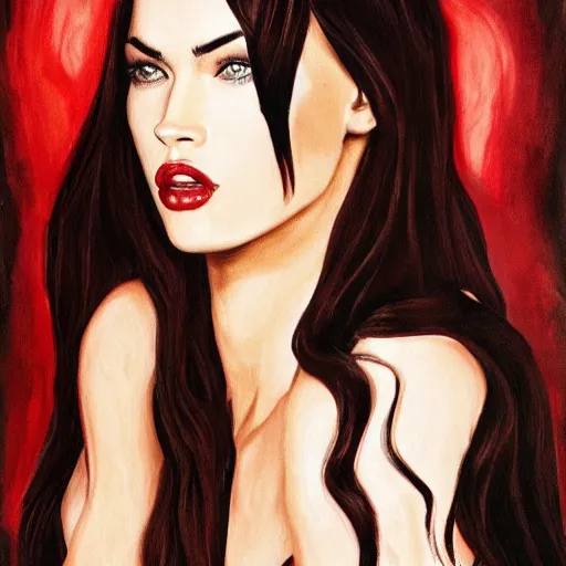 Image similar to megan fox as a vampire, silk, painting