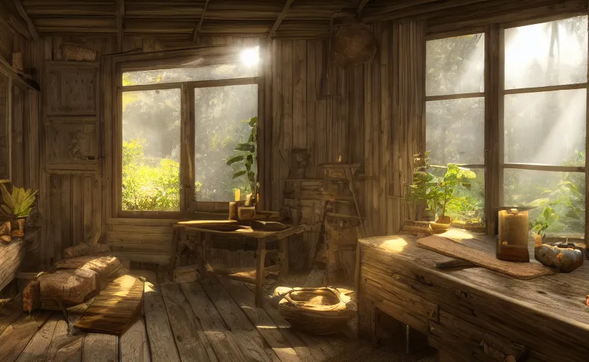 Image similar to interior view of an herbalist cottage, waxy candles, wood furnishings, light bloom, dust, ambient occlusion, rays of light coming through windows, trending on artstation