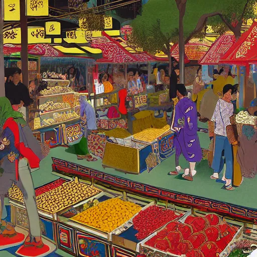 Prompt: A busy and crowded Persian and Japanese style Middle Eastern street. Fruit stalls under the cover of yellow tents are filled with colorful and exotic fruits. Incense burner stores are filled with metal made brass gourd shaped incense burners. Stalls selling carpets were hung with Japanese ukiyo-e style carpets. Realistic concept art, 4k, full of details. Digital art.