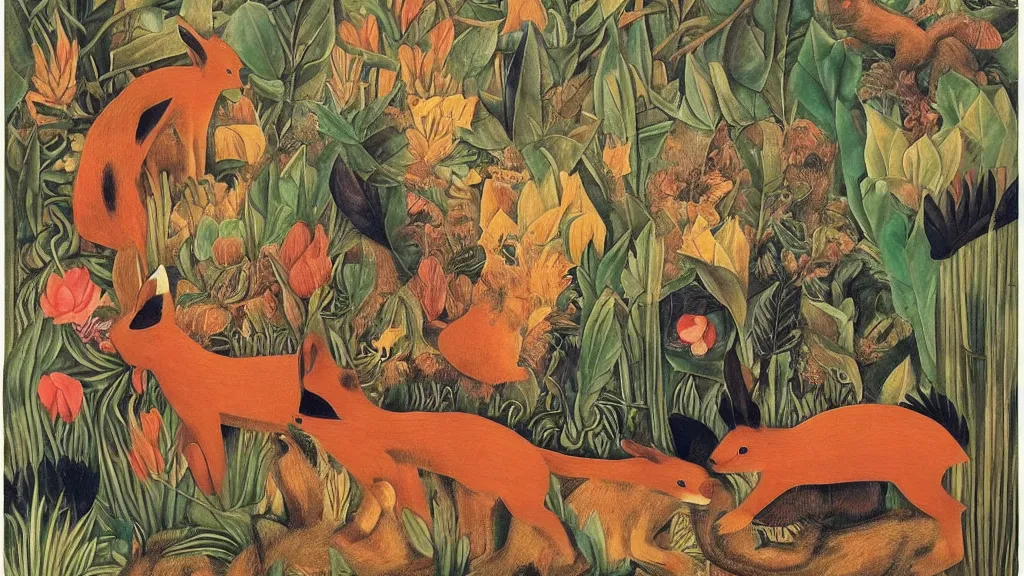 Prompt: a rabbit, a fox, and a beaver, by frida kahlo, chinese painting, tonal colors, insanely detailed and intricate, hypermaximalist, elegant, ornate, hyper realistic, super detailed, cuddling together in a colorful meadow