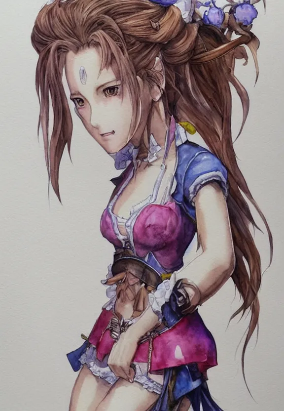 Prompt: a full - body watercolor painting of aerith gainsborough!!!!!! by yoshitaka amano, highly detailed, intricate, trending on artstation, award - winning