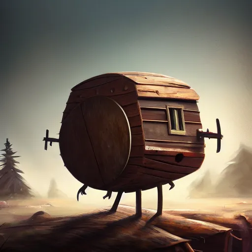 Image similar to a walking wood and metal house with two legs and one big eye, rust, hyperrealistic, highly detailed, cinematic, single ray of sun, morning, pareidolia, gravity falls style, disney, beautiful, cgssociety, artstation, 8 k, oil painting, digital art