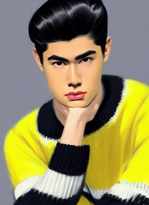 Image similar to portrait of young reggie mantle, mean smirk, egotistical, slicked back hair, striped yellow and black sweater, 1 9 5 0 s, intricate, elegant, glowing lights, highly detailed, digital painting, artstation, concept art, smooth, sharp focus, illustration, art by wlop, mars ravelo and greg rutkowski