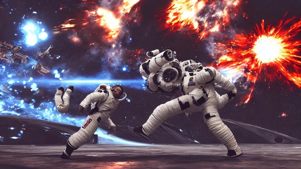 Image similar to an astonaut fighting a cosmonaut. VS fighting, videogame versus game UI, game UI, tekken, street fighter, mortal kombat, side camera, life bars, win count, countdown, playstation game, xbox game, unreal engine, 8k, 4k,