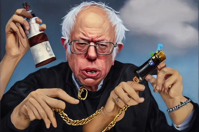 Image similar to Bernie Sanders as rap artist in the hood with gold chains and gold teeth, drinking cough syrup, carrying an Uzi, oil on canvas, artstation, portrait, masterpiece, aesthetic