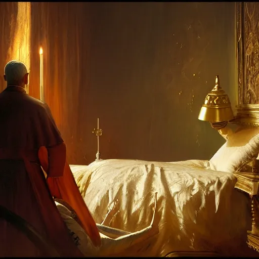 Image similar to the pope is in his bed, terrified, because a double horned shadow demon is in the wallpaper of the bedroom. highly detailed painting by gaston bussiere, greg rutkowski, craig mullins 8 k