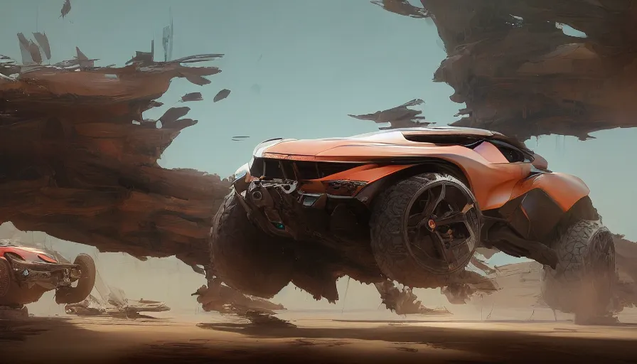 Prompt: a beautiful concept design of a supercar converted into offroad suv by cory loftis, fenghua zhong, ryohei hase, ismail inceoglu and ruan jia. volumetric light, detailed, octane render, horizon forbidden west