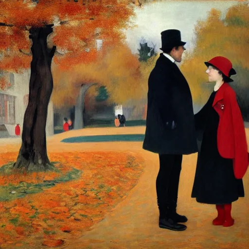 Image similar to a thin man in a black coat and bowler hat talks with small young girl who is dressed in a red coat and a red hat, park, autumn, 1923, wide angle, high detail, in style of edouard manet, 8k, width 768