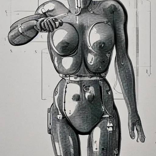 Image similar to A cyborg woman. Line drawing by Hans Bellmer