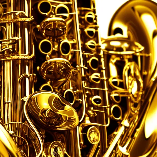 Prompt: a photo of a saxophone. closeup. high depth of field. canon eos 2 2 m. highly detailed. gold reflections.