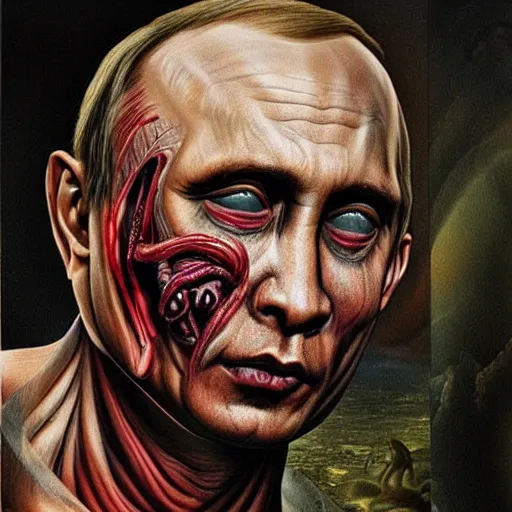 Image similar to Bodyhorror portrait by H.R.Giger of Vladimir Putin who became a degenerate horror Abomination, photo-realistic, color image, 2K, highly detailed