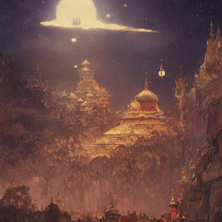 Image similar to a beautiful painting of the view from the river of the stately pleasure domes of kublai khan in xanadu, at night with a sky full of stars, intricate, elegant, highly detailed, digital painting, artstation, concept art, by krenz cushart and artem demura and alphonse mucha