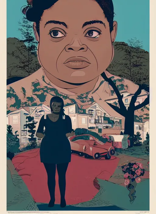 Image similar to poster artwork by James Jean and Tomer Hanuka, of Octavia Spencer has a mysterious man's voice in her hear who lives in a resort, psychological thriller film scene from scene from Twin Peaks, clean, simple illustration, nostalgic, domestic, full of details