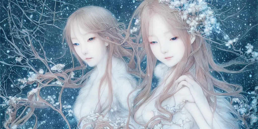 Prompt: breathtaking delicate detailed concept art winter creatures, by miho hirano, bizarre compositions, exquisite detail, pastel colors, 8 k