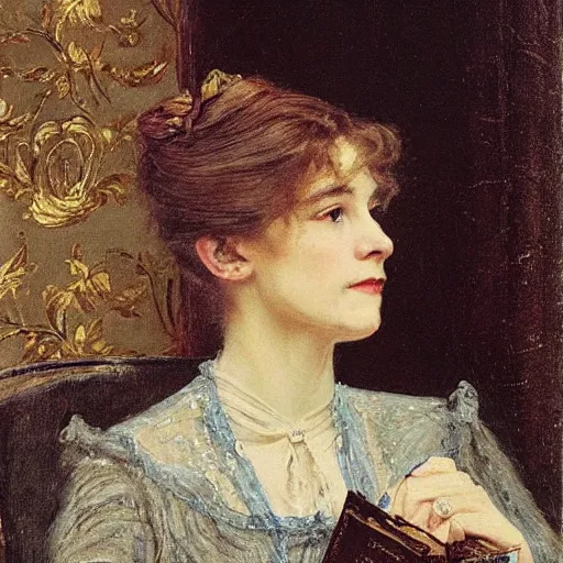 Prompt: victorian lady reading by alfred stevens
