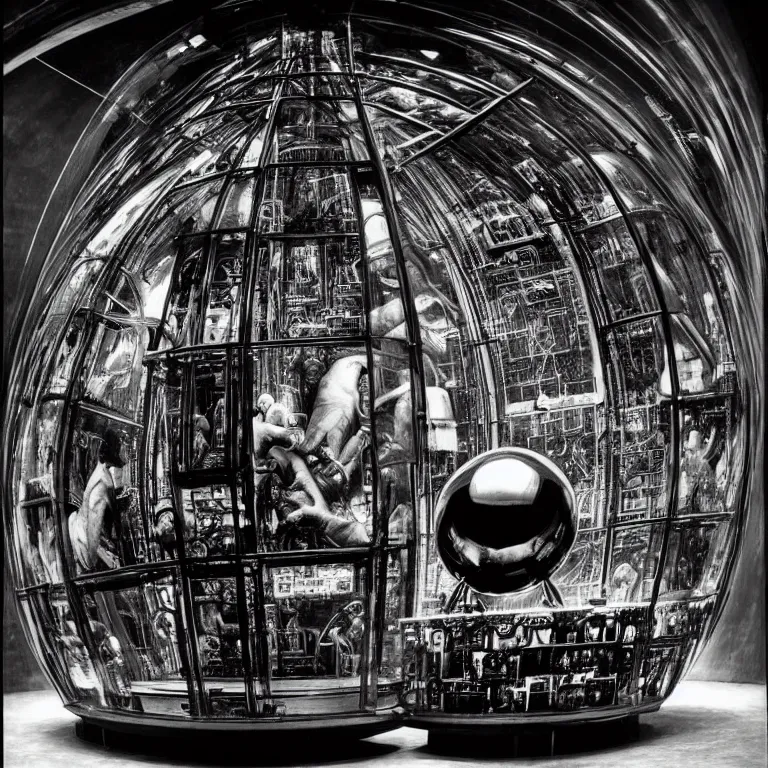 Prompt: A man huddled up inside a glass ball, the ball is surrounded by machines providing life support, it sits in a elaborate throne room, wide angle shot, by H.R. Giger.