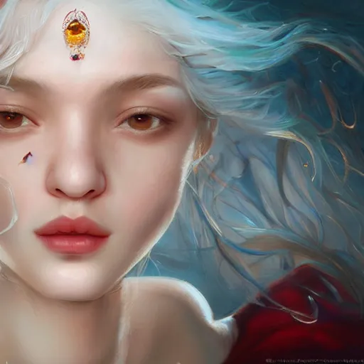 Image similar to A masterpiece portrait of a A albino Greece girl with large nose ring piercings and ruby in her forehead. Goddess of love. trending on artstation, digital art, by Stanley Artgerm Lau, WLOP, Rossdraws, James Jean, Andrei Riabovitchev, Marc Simonetti, Yoshitaka Amano