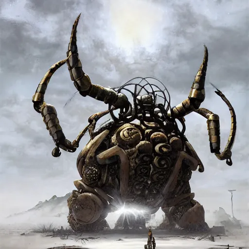 Prompt: giant armored ashigaru beetle war construct golem, glowing gnostic brian froud markings, rotating scythe blades, magic and steam - punk inspired, in an ancient stone circle on a plateau in a blizzard, kanji markings, concept painting by jessica rossier, hr giger, john berkey