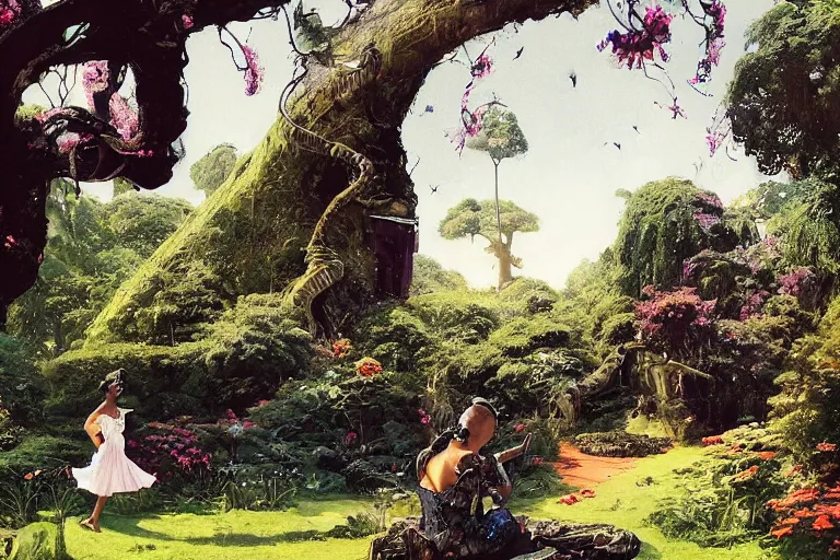 Image similar to illustration of elegant black woman watching spacecraft land in garden of stately home, flowers, baobab trees, distant town in valley and hills, by norman rockwell, jack kirby, john berkey, bergey, craig mullins, ruan jia, raymond swanland, jeremy mann, beksinski, tom lovell, alex malveda, schomburg