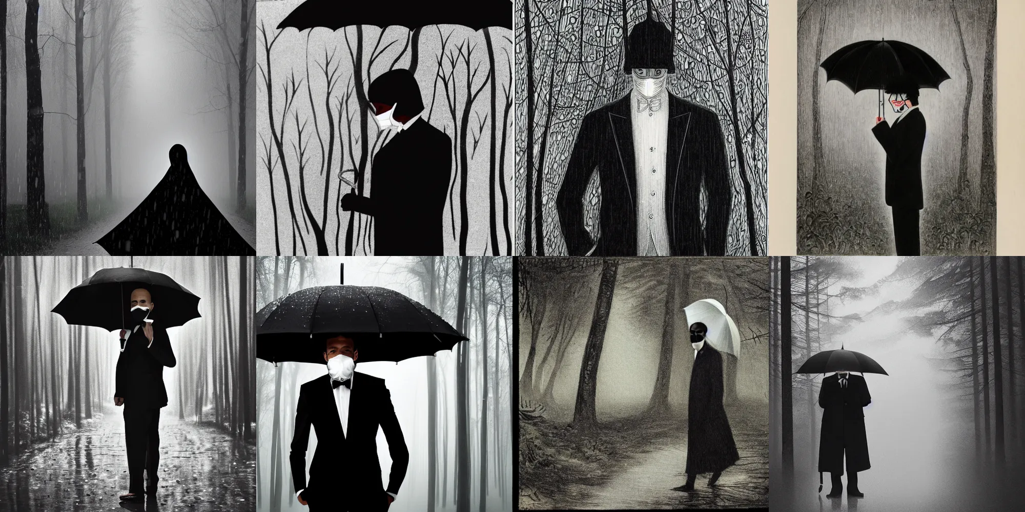 Prompt: a man with a white mask, black, black suit, holding a black umbrella, in a dark forest while raining, intricate, elegant, highly detailed, smooth, sharp focus