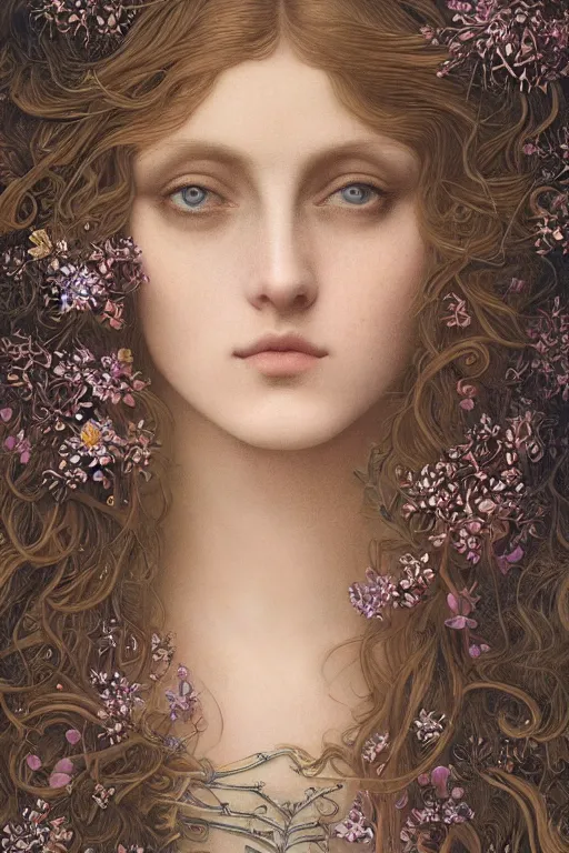 Image similar to An extremely beautiful pre-raphaelite ornate portrait of a very beautiful witch, surreal, ultradetailed, intricate, elegant, digital art painting, smooth, sharp focus, magazine art cover illustration, regal, award winning picture, extremely detailed masterpiece, sense of awe, featured on Artstation, Artgerm, ethereal bubbles, Aetherpunk, atmospheric lightning, Exquisite, floral details, 8K detail post-processing, oil painting