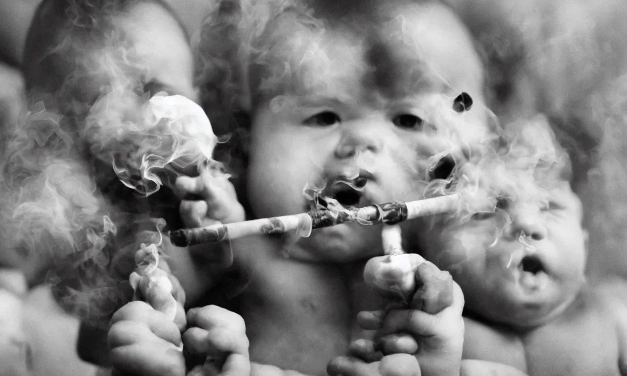 Prompt: a photograph of a baby smoking a bong