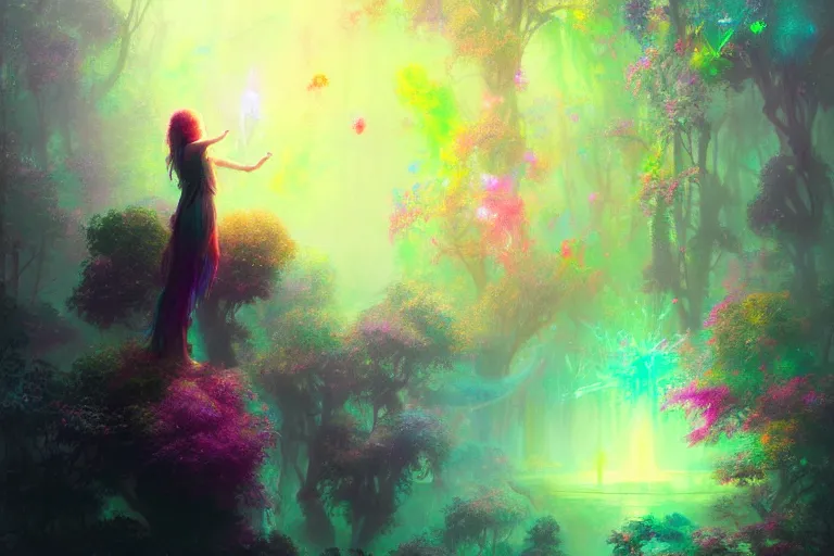 Prompt: a psychedelic realm hidden away in a pocket of ethereal knowledge | astral beings sharing love greg rutkowski wlop lisa frank bob ross | ruan jia | illustration