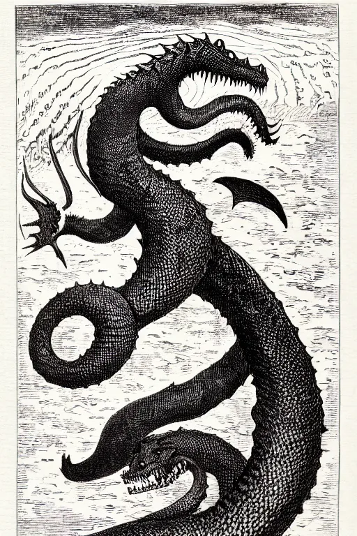 Image similar to ogopogo monster, as a demon from the dictionarre infernal, pen - and - ink illustration, etching by louis le breton, 1 8 6 9, 1 2 0 0 dpi scan, ultrasharp detail, hq scan, intricate details, stylized border