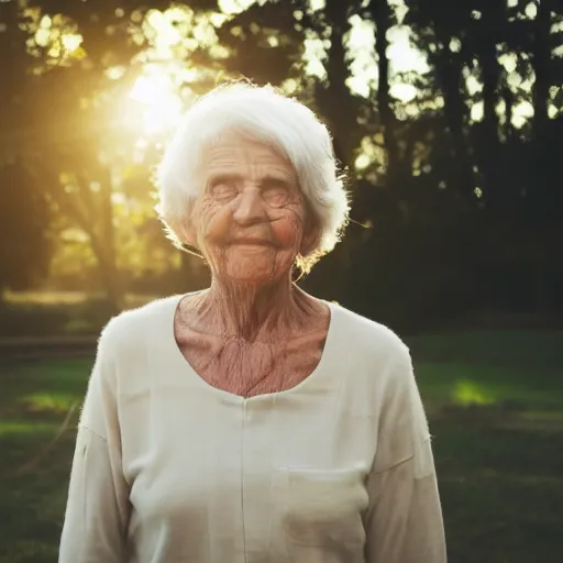 Prompt: Photograph of a kind grandmother at golden hour