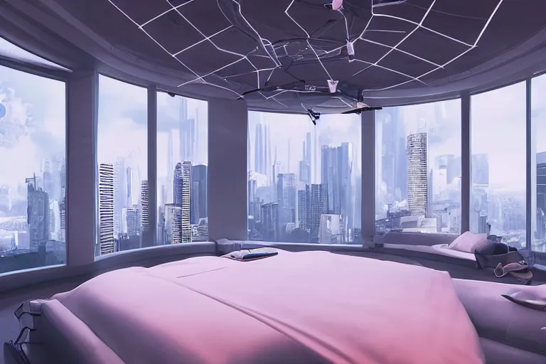 Image similar to a futuristic sparse bedroom with large curved ceiling high windows looking out to a far future cyberpunk cityscape, flying drones outside, night time, cyberpunk neon lights, raining