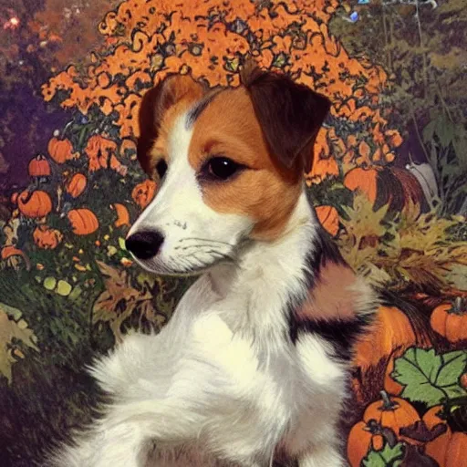 Prompt: a cute long haired jack russell puppy, white with brown spots and a brown patch over each eye, amidst piles of pumpkins. halloween autumn fall art. beautiful painting by alphonse mucha and artgerm and greg rutkowski